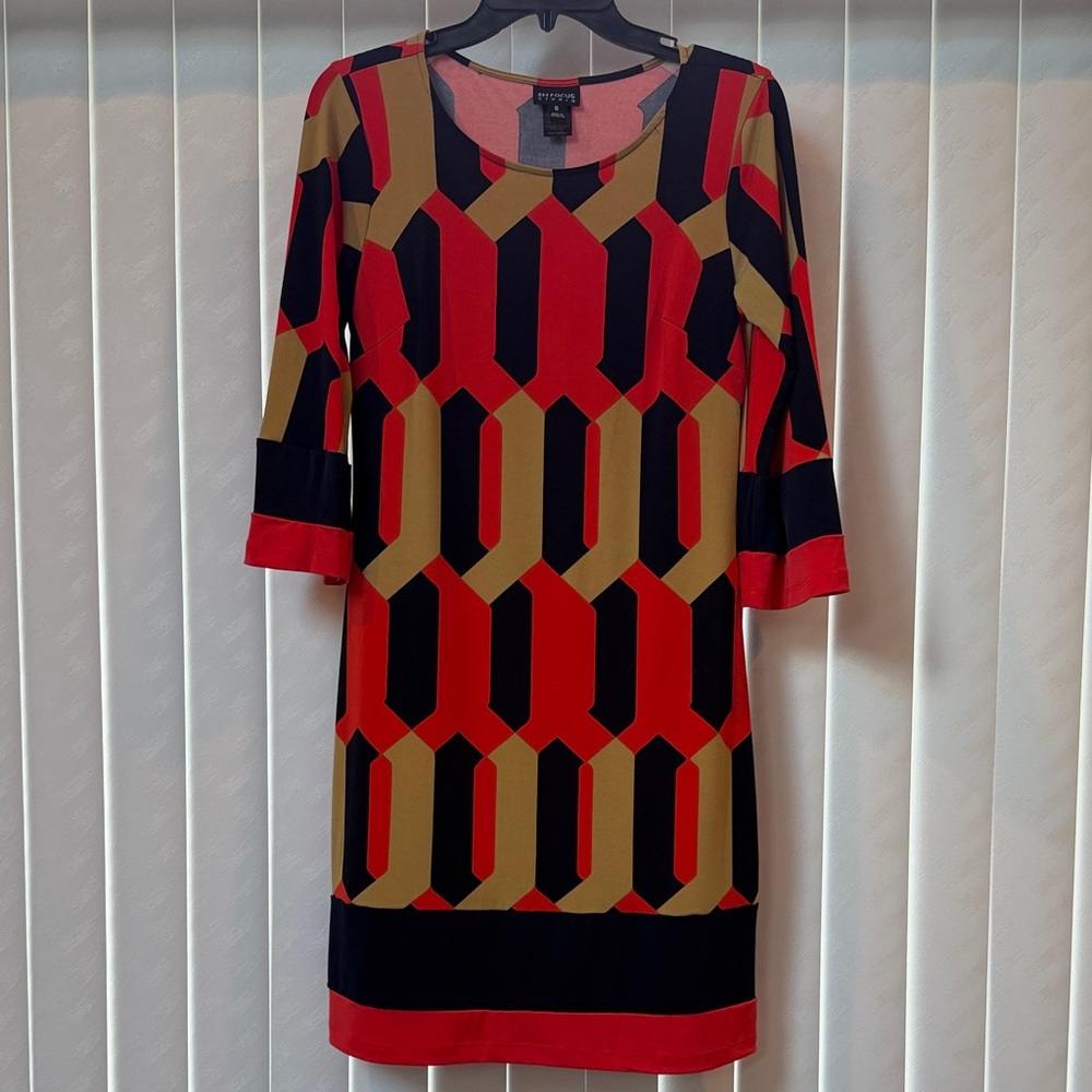 Tahari Orange Navy Olive Geometric Midi Dress
